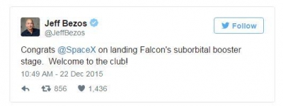 ▲제프 베조스 아마존 CEO가 트위터에 스페이스X의 로켓 회수를 축하하는 메시지를 남겼다. 사진=트위터 캡처