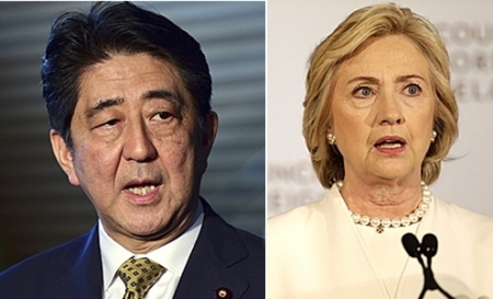 ▲아베 신조 일본 총리와 힐러리 클린턴 미국 민주당 대선 후보. (AP/뉴시스)