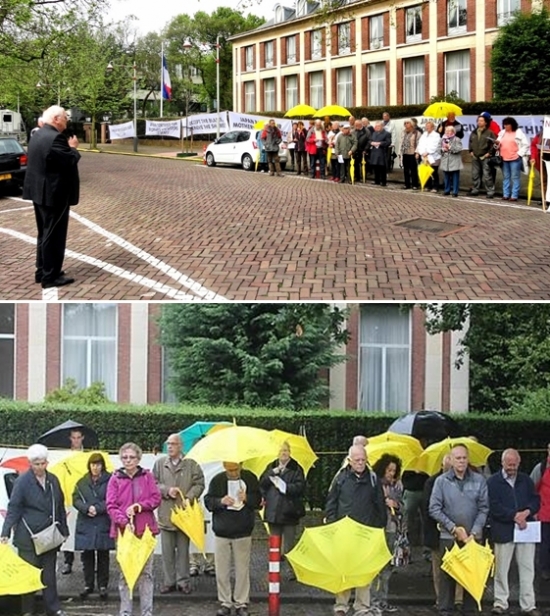 ▲네덜란드 '일본의 도의적 책임을 묻는 재단’이 헤이그 일본대사관 앞에서 시위를 벌이고 있다. (연합뉴스)