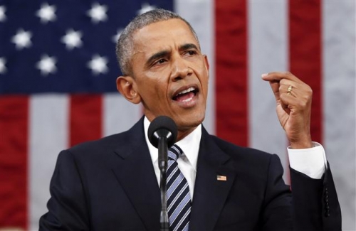 ▲버락 오바마 미국 대통령이 12일(현지시간) 의회 의사당에서 마지막 국정연설을 하고 있다. 워싱턴/AP뉴시스