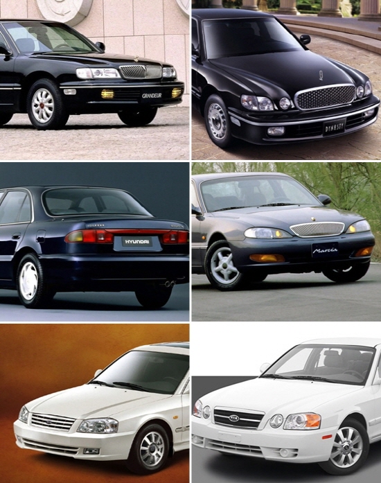▲1990년대, 하나의 자동차를 바탕으로 윗급 파생 모델을 내놓는 경우가 많았습니다. 이들 대부분 판매에서 재미를 보지 못한 친구들입니다. 사진 위부터 그랜저(왼쪽)를 베이스로 내놓은 다이너스티, 쏘나타2를 베이스로 개발한 마르샤, 옵티마를 기본으로 내놓은 리갈의 모습.   (사진제공=현대차, 기아차)