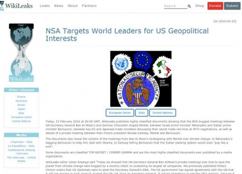 ▲위키리크스가 23일(현지시간) 웹사이트에 미국 국가안보국(NSA)이 전 세계 지도자들을 도청한 문서를 폭로했다. 출처 위키리크스 웹사이트