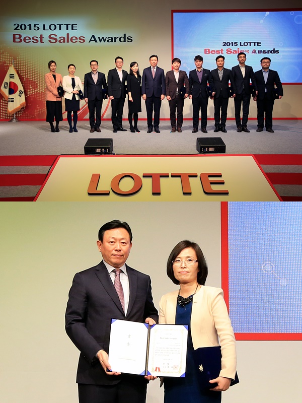 ▲2일 롯데호텔서울에서 진행된 ‘2015 LOTTE Best Sales Awards’에 참석한 롯데 신동빈 회장이 영업우수사원들과 기념촬영을 하고 있다.(사진제공=롯데그룹)