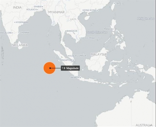 ▲인도네시아 수마트라섬 해상에서 2일(현지시간) 발생한 규모 7.8 지진 진원. 출처 블룸버그 