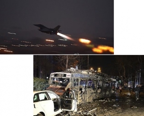 ▲터키 공군이 차량 폭탄 테러에 대한 응징으로 쿠르드 반군을 겨냥한 폭격에 나섰다. 
(AP/연합뉴스)