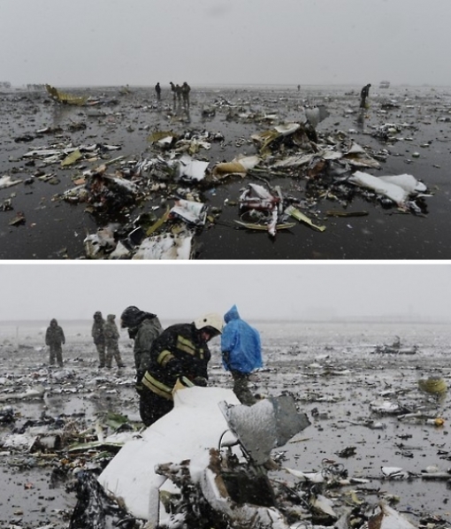 ▲러시아 구급대원이 추락한 두바이 국적 여객기 잔해를 살펴보고 있다. 항공사 측은 "추락직전까지 사고 여객기의 구조요청이 없었다"고 밝혔다. (AP/연합뉴스)