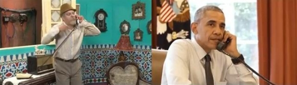 ▲오바마 대통령이 쿠바 방문에 앞서 유명 TV 코미디쇼에 출연, ‘판필로’로 분장한 코미디언 루이스 시우바와 통화하고 있다.  사진캡처 유튜브