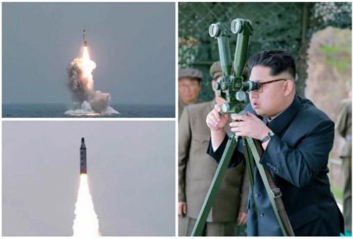 ▲북한이 23일 잠수함 발사 탄도 미사일(SLBM) 시험 발사를 한 가운데 김정은이 이를 지켜보고 있다. 뉴시스