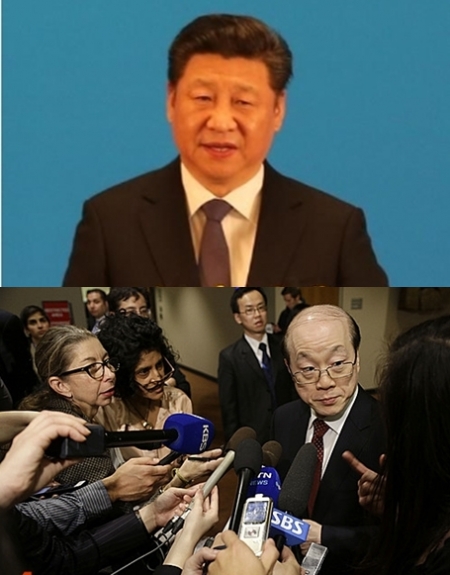 ▲시진핑(사진 위) 중국 국가주석이 대북제재 전면이행 의지를 밝혔다. 아래 사진은 지난 2월 안보리 회의를 통해 대북제재 결의안 초안을 논의하고 회의장을 빠져나오는 쥬제이 유엔 중국대사의 모습. (연합뉴스 / AP뉴시스)