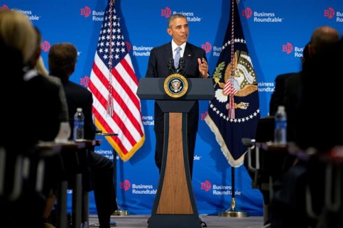 ▲버락 오바마 미국 대통령이 지난해 9월 16일(현지시간) 워싱턴에서 열린 비즈니스라운드테이블 분기 회의에서 연설하고 있다. 워싱턴/AP뉴시스