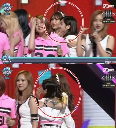 ▲'엠카운트다운' 트와이스 전소미 포옹 장면(사진=Mnet '엠카운트다운' 트와이스 전소미 캡처)