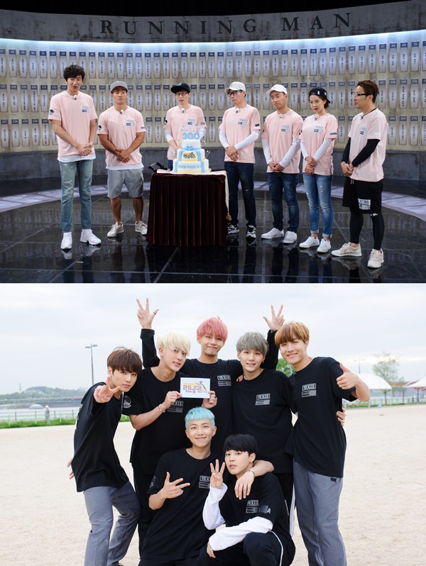▲'런닝맨' 300회 특집을 맞은 '런닝맨' 멤버들(위), '런닝맨' 300회에 출연하는 그룹 방탄소년단(사진=SBS)