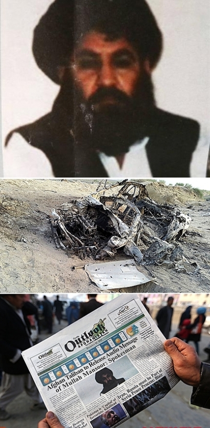 ▲AP통신은 탈레반 최고지도자 물라 아크타르 만수르가 미군의 드론 공습으로 사망했다고 보도했다. 사진 위부터 만수르와 폭격당한 만수르 승용차, 만수르 사망 사건을 다룬 현지 신문보도의 모습이다. 
(AP / 연합뉴스, 뉴시스)