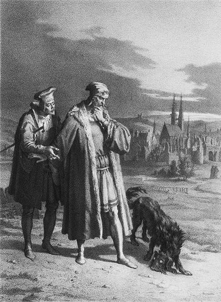 ▲프리드리히 구스타프 슐릭 작 ‘산책하는 파우스트와 제자 바그너’. 메피스토펠레스는 개의 모습으로 나타났다. 