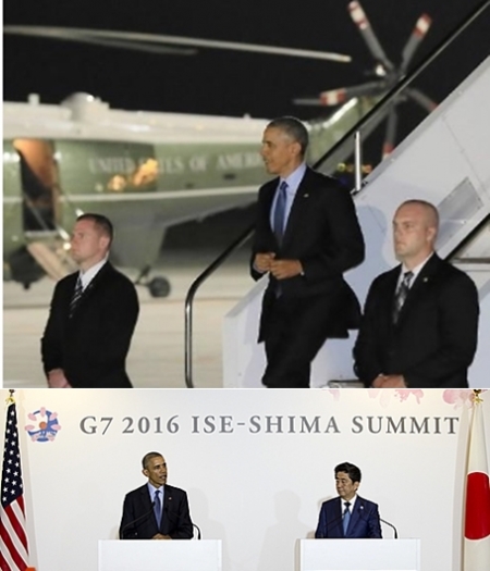 ▲버락 오바마(사진 위) 미국 대통령이 주요 7개국(G7) 정상회의에 참석하기위해 25일 오후 일본 아이치현 주부국제공항에 도착했다. 미일 정상은 양국관계 재확인을 기대했으나 앞서 벌어진 미 군무원의 일본 여성 살인사건 탓에 일본내 반미감정이 고조되고 있다. (AP/뉴시스)