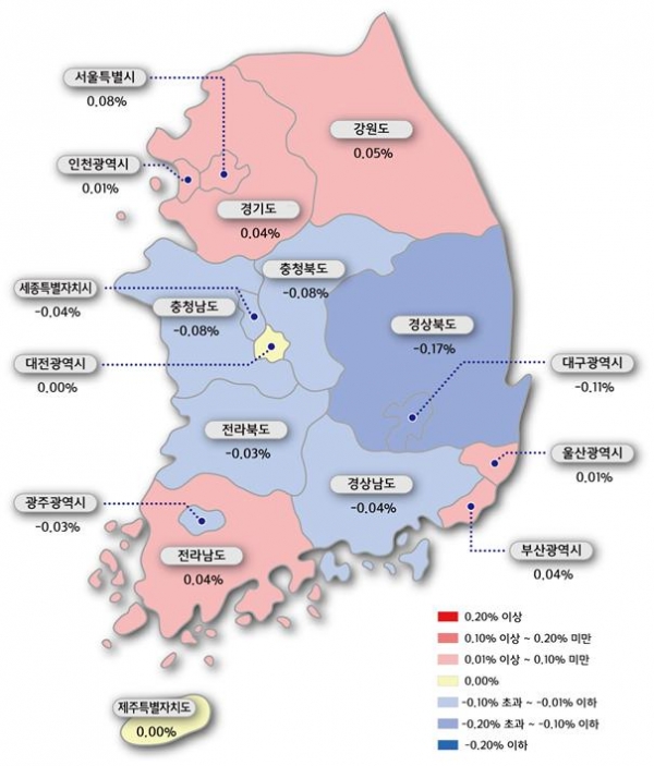 ▲주간 아파트 매매가격지수 변동률 색인도(자료=한국감정원)