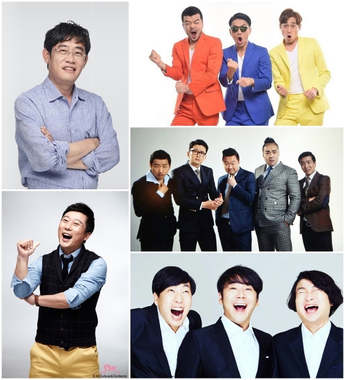 ▲왼쪽 위부터 시계 방향으로 이경규(출처=코엔스타즈), 나몰라패밀리팀(출처=김경욱 SNS), 윤형빈/관객과의전쟁팀(출처=윤형빈소극장), 졸탄쇼팀(출처=한현민 SNS), 이수근(출처=SM C&C)

 
