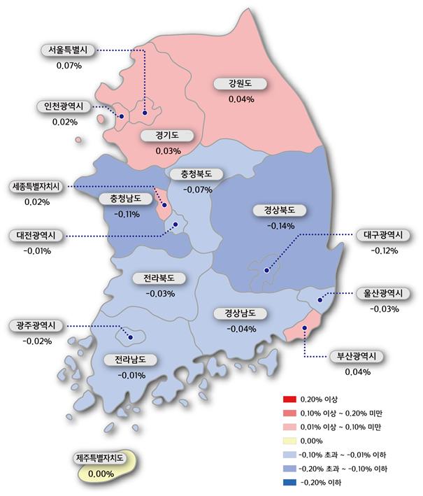 ▲주간 아파트 매매가격지수 변동률 색인도(제공=한국감정원)