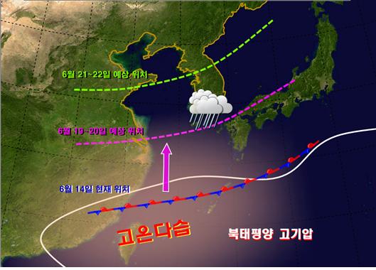 ▲6월 19~22일 장마전선 위치 예상 모식도.(출처=기상청)