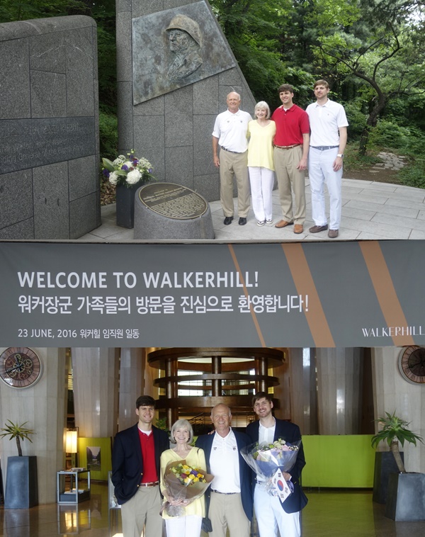 ▲6.25 전쟁 66주년을 맞이해 한국을 방문한 故 워커 장군 일가가 워커힐 호텔을 방문해 워커힐 구성원들과 기념사진 촬영을 하고 있다. 워커힐은 맥아더 장군과 함께 6.25 전쟁 당시 참전했다 전시한 미 8군 사령관 워커 장군의 이름을 따 명명된 호텔로 올해 53주년을 맞이했다. 워커힐 호텔 내에는 워커 장군의 공로를 추모하기 위한 기념비가 세워져 있다.(사진제공=워커힐)