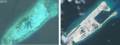▲2014년 남중국해에 잠겨 있던 산호초 ‘피어리 크로스 리프’(왼쪽)는 2년 후 활주로와 운동장 농구 코트까지 갖춘 680에이커 크기의 인공 섬(오른쪽)으로 변했다.  사진: 타임 6월 6일자 22~23면