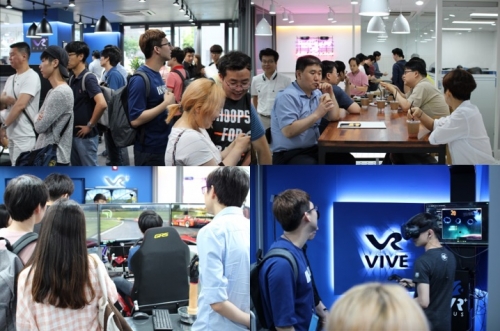 ▲강남역 인근에 오픈한 'VR플러스 쇼룸'을 찾은 이용자들이 다양한 VR기기를 체험해보고 있다. ( 사진제공=VR플러스)