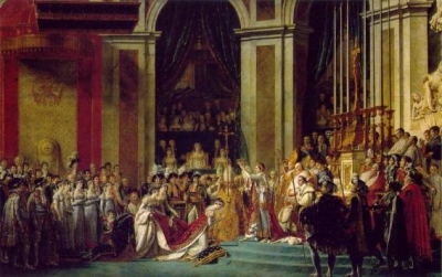 ▲나폴레옹이 황제 취임 대관식에서 왕관을 씌워주는 교황을 거부, 자신이 손으로  직접 왕관을 쓰는 장면. 자칫 나풀레옹의 위세와 교만을 시사하는 그림으로 오해되고 있으나, 실은 당시 나폴레옹은 이미 회교도로 바뀌어 있었다.
