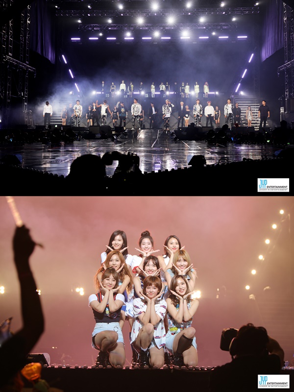 ▲JYP 합동콘서트 '2016 JYP NATION 'MIX & MATCH'' 합동무대(위), 트와이스(사진=JYP엔터테인먼트)