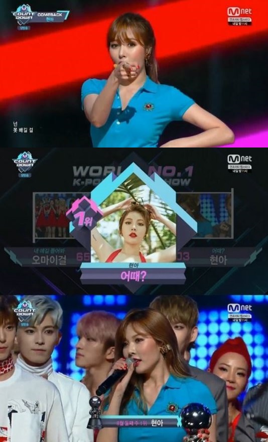 ▲현아 ‘엠카운트다운’ 1위 (출처=Mnet ‘엠카운트다운’방송캡처)