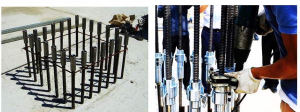 ▲미리 시공된 하부 기둥철근의 모습(왼쪽)과 공장에서 제작된 기둥철근을 체결하는 모습.(사진제공=롯데건설 )