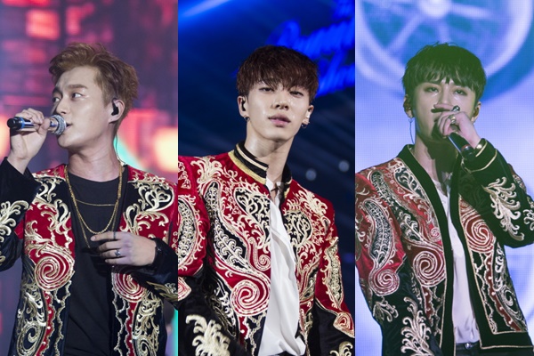▲비스트 콘서트 '2016 THE BEAUTIFUL SHOW' 무대에 선 비스트 윤두준 이기광 용준형(왼쪽부터)(사진=큐브엔터테인먼트)