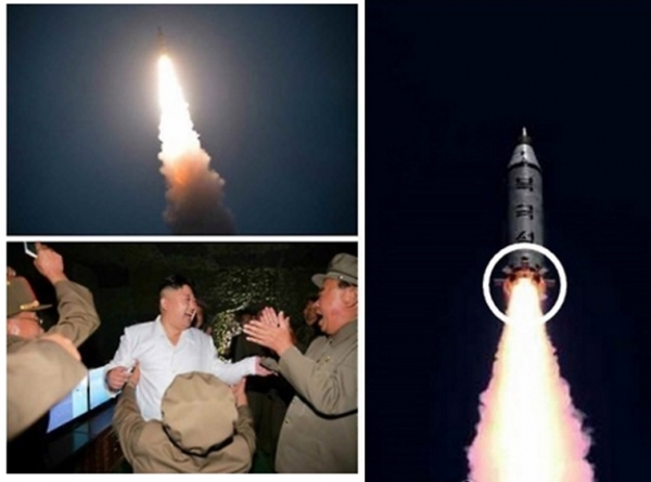 ▲노동신문은 25일 1~2면에 잠수함발사탄도미사일(SLBM) 시험발사 관련 사진 24장을 게재했다. 사진 왼쪽은 발사직후 김정은 노동위원장의 모습. 오른쪽은 이날 공개된 SLBM 모습이다. 지난 4월 시험발사했던 발사체와 달리 하단부 톱니 모양의 장치가 추가된 것이 보인다. (출처=노동신문)