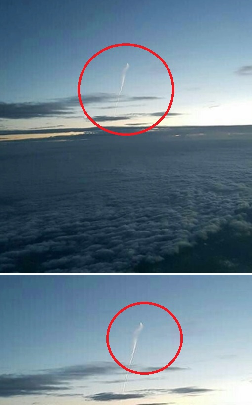 ▲북한이 24일 새벽 시험발사한 SLBM으로 추정되는 비행물체가 촬영됐다. 사진은 발사시간 직후 천안 상공을 지나던 이스타항공 기내에서 촬영된 것으로 전해졌다. (사진=이스타항공 김재현 부기장)