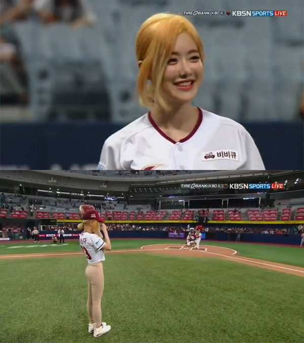 ▲1일 dj소다가 넥센-SK전에 앞서 시구에 나섰다.(사진=kbsn스포츠)