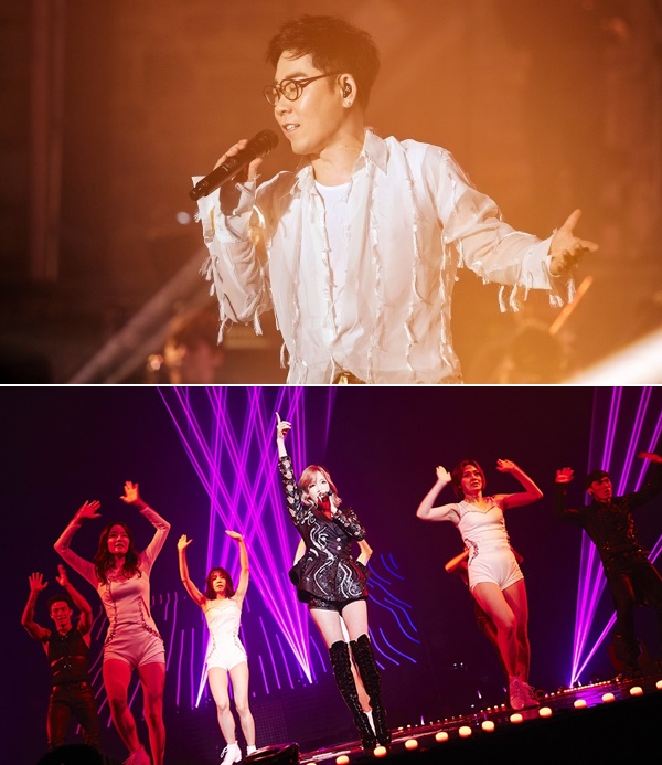 ▲김연우(위)와 태연의 콘서트 현장(사진=딜라잇컴퍼니주식회사, SM엔터테인먼트)