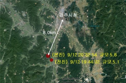 ▲12일 발생한 규모 5.1과 5.8 지진의 진앙지 모습. (출처=기상청)