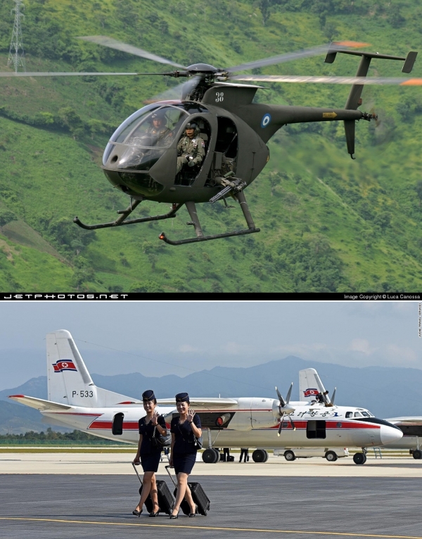 ▲북한에서 대중을 대상으로한 사상 첫 에어쇼가 열렸다. 외신에 따르면 행사 초반 미국산 MD 500 헬기(사진 위)가 행사에 선보여 눈길을 끌었다. 고려항공이 국내선 용으로 운용중인, 이미 단종된 러시아산 안토노프 AN-24(아래)도 등장했다. (출처=제트포토넷 / CNN)