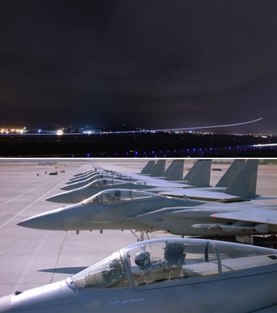 ▲레드플레그 훈련 참가를 위해 공군 F-15K 6대가 알레스카로 1일 새벽(사진 위) 출발했다. 아래 사진은 레드플래그 훈련 모습. (사진제공=공군 / 출처=다큐 파일럿오퍼레이션)