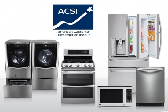 ▲2년 연속으로 미국 소비자들의 만족도가 가장 높은 브랜드로 선정된 LG전자 주요 가전 제품. (왼쪽부터) 세탁기, 건조기, 오븐, 레인지, 냉장고, 식기세척기.(사진제공=LG전자)