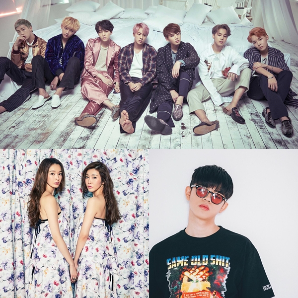 ▲방탄소년단, 다비치, MC그리(사진=빅히트엔터테인먼트, CJ E&M MUSIC, MC그리 인스타그램)