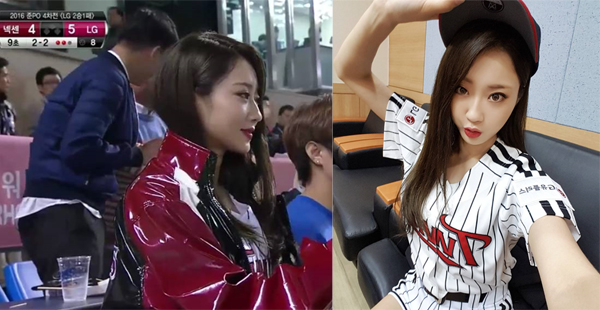 ▲나인뮤지스 경리가 엘지의 플레이오프 진출을 축하했다.(사진=SBS, 경리 인스타그램)