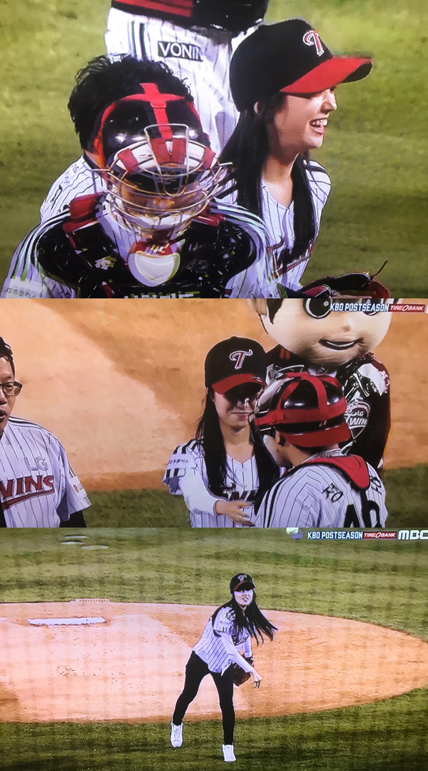 ▲배우 진세연이 24일 진행된 한국프로야구 플레이오프 3차전 시구에 나섰다.(사진=MBC 스포츠플러스)