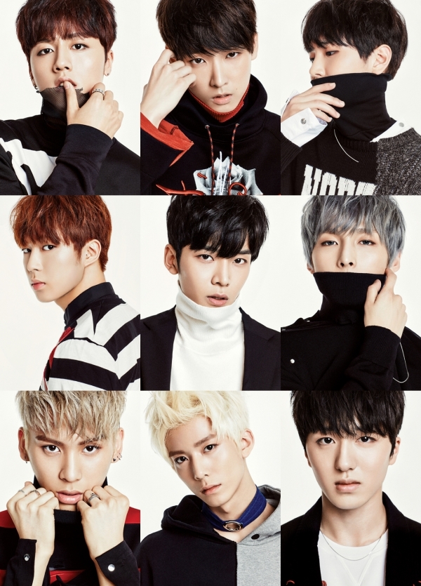 ▲신인 보이그룹 SF9 (좌측상단부터 시계방향으로 영빈, 인성, 재윤, 주호, 찬희, 휘영, 태양, 다원, 정가운데 로운)(사진=FNC엔터테인먼트)