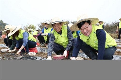 ▲
김원규(첫 째줄 오른쪽) NH투자증권 대표이사와 임직원 40여 명은 지난달 26일 경기 파주시 문산읍 당동2리 마을을 방문해 마늘 식재 등 농촌 일손 돕기에 나섰다.
사진 NH투자증권