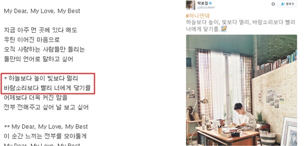 (▲박보검 트위터, 아이린, 레드벨벳 '마이디어' 가사, 네이버 캡처)