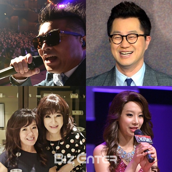 ▲왼쪽상단부터 시계방향으로 김건모, 지상렬, 베스티 유지, 노사연 노사봉 자매(출처=비즈엔터, IBK기업은행)