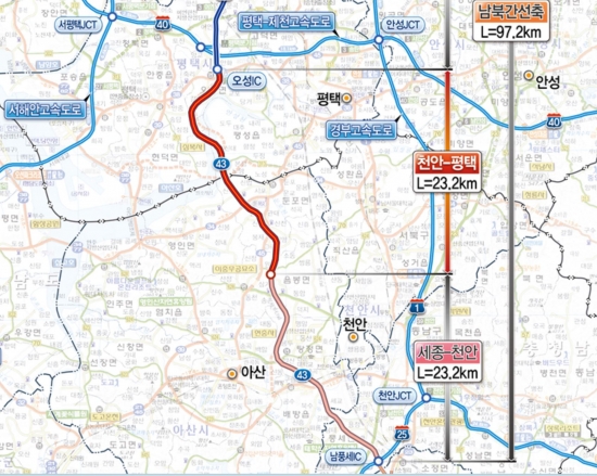▲세종시에서 충청남도 천안․아산시를 경유해 경기도 평택시까지 연결하는 국도43호선 46.5km 구간이 오는 19일 오후 2시에 전면 개통된다.