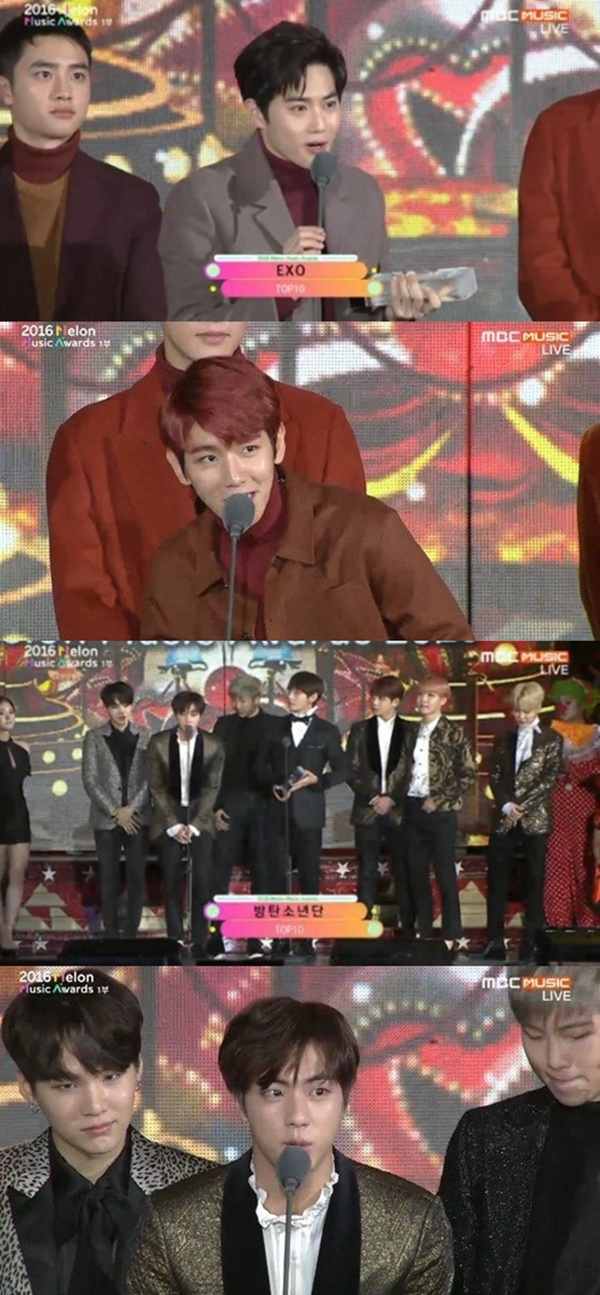 ▲엑소, 방탄소년단(사진=2016 멜론뮤직어워드 캡처)