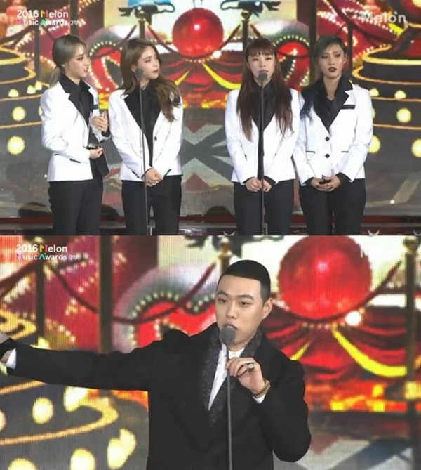 ▲걸그룹 마마무(위), 래퍼 비와이(사진=2016 멜론뮤직어워드 캡처)