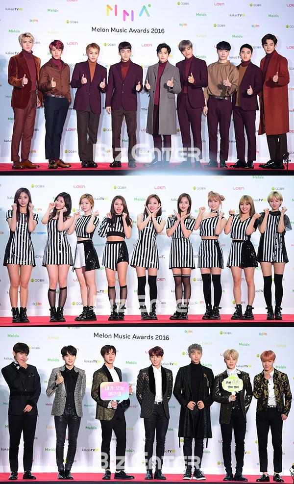 ▲2016 멜론뮤직어워드에서 대상을 차지한 엑소, 트와이스, 방탄소년단(위부터 순서대로)(사진=윤예진 기자(yoooon@))